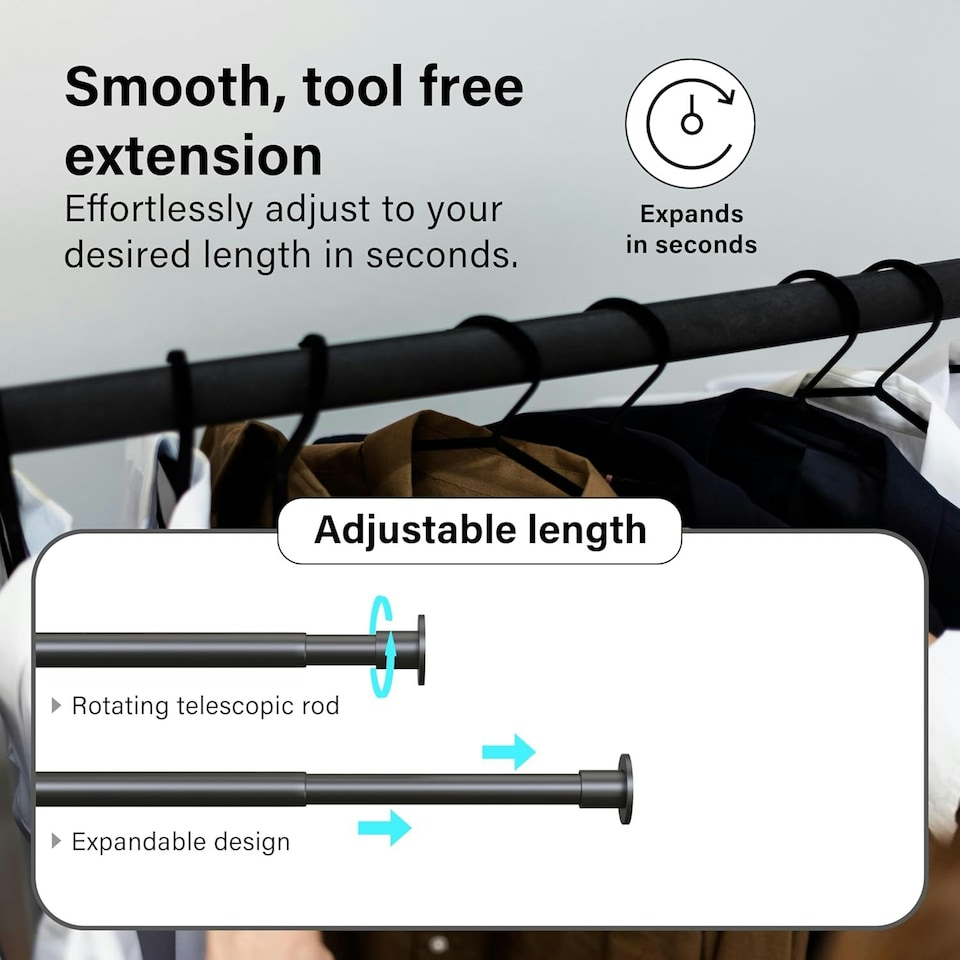 image 1 of Extendable Wardrobe Clothes Rail Rod Pole Black Stainless Steel Adjustable Store - Small (45-77cm) Black