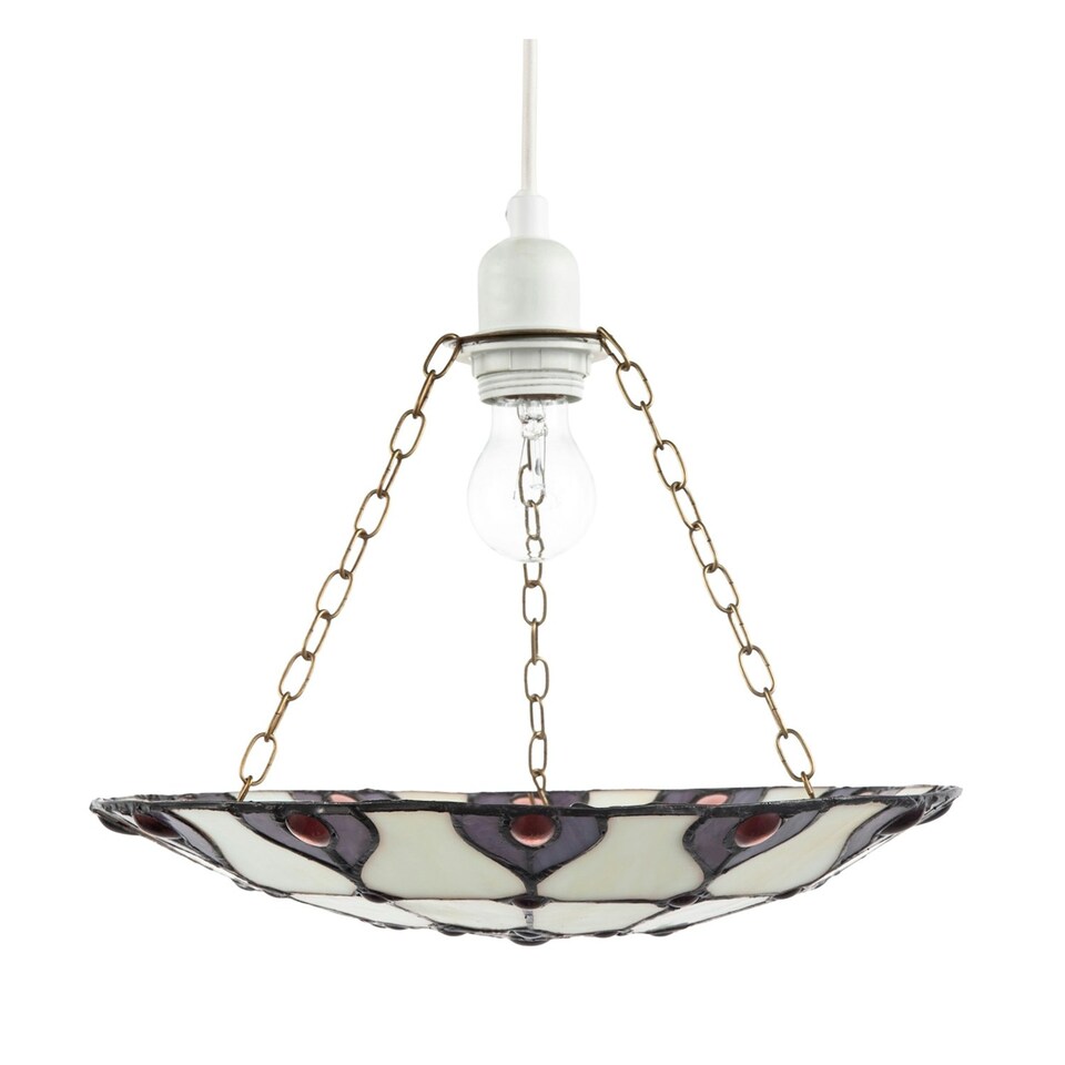 image 1 of Purple and Amber Stained Glass Tiffany Pendant Shade with Red Beads Purple