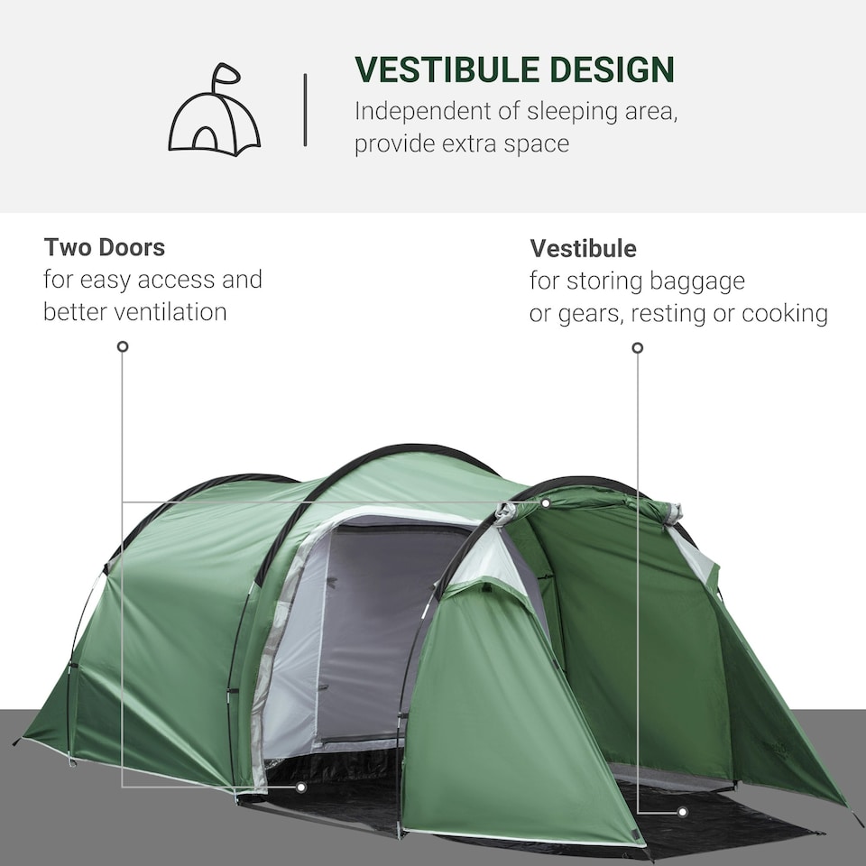 image 1 of Outsunny 3 Man Camping Tent with Porch and Weather-Resistant Rainfly, Green