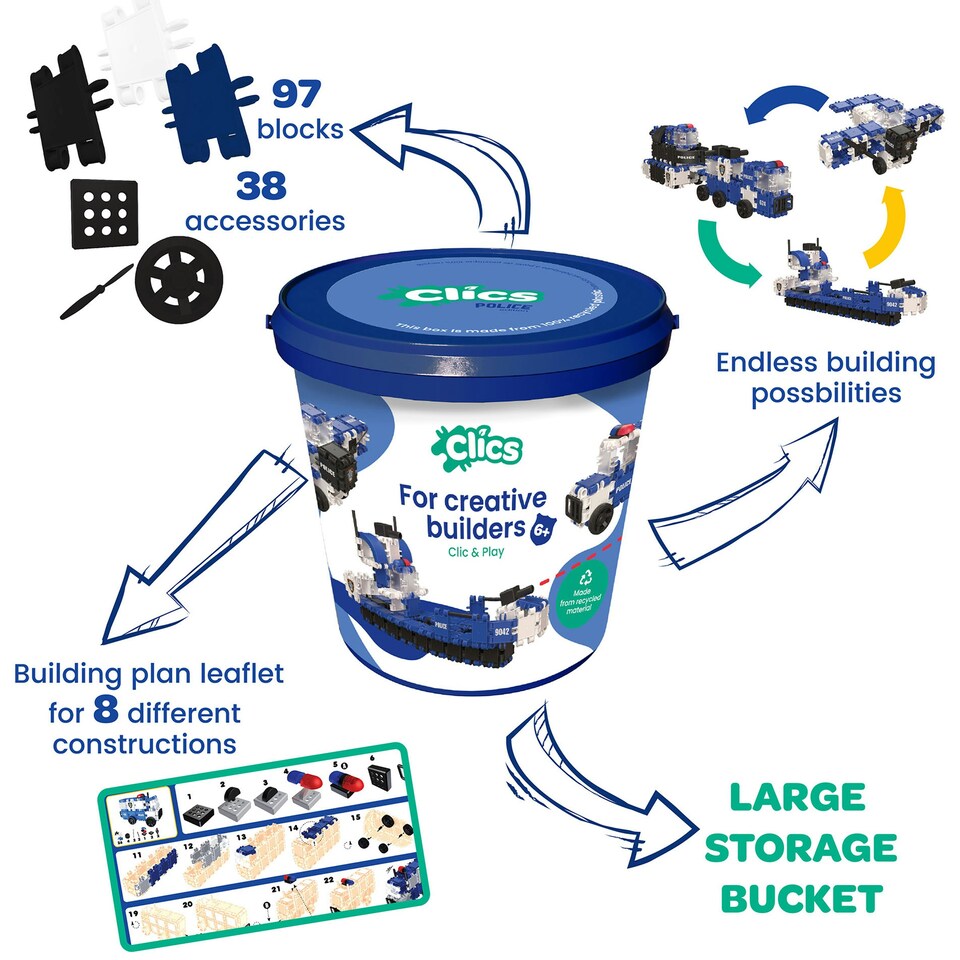 image 1 of Clics Bucket Police Click and Play Bucket 135 Pieces
