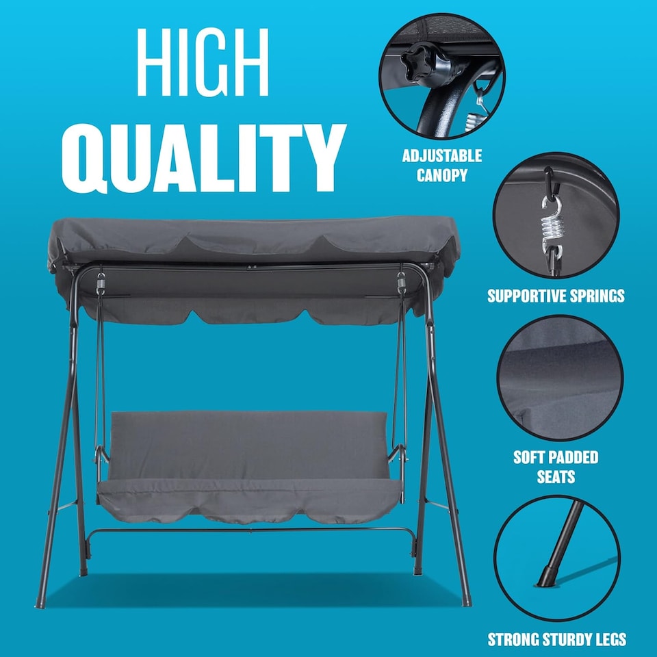 image 1 of 3 Seater Grey Garden Swing Chair Seat Hammock Swinging Metal Furniture
