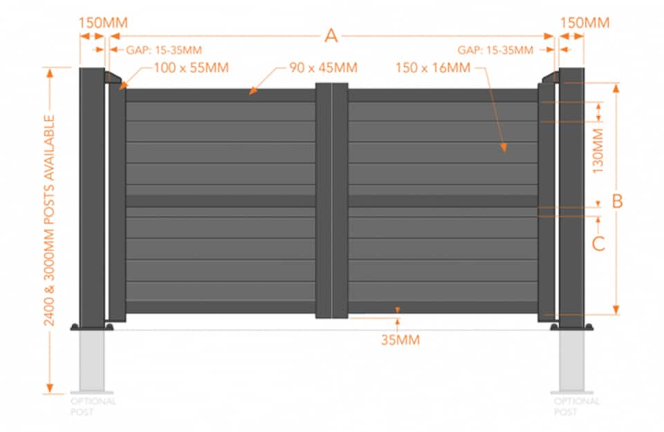 image 1 of Double Swing Gate 3000x2000mm - Aluminium - Horizontal Solid Infill and Flat Top - Grey