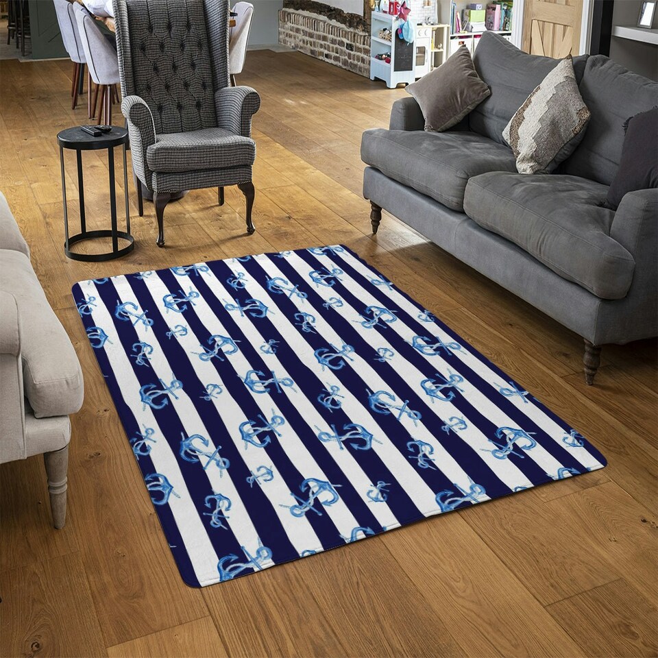 image 1 of Blue Anchors on Navy Striped Background (Rug) Blue | XL: 160x230cm