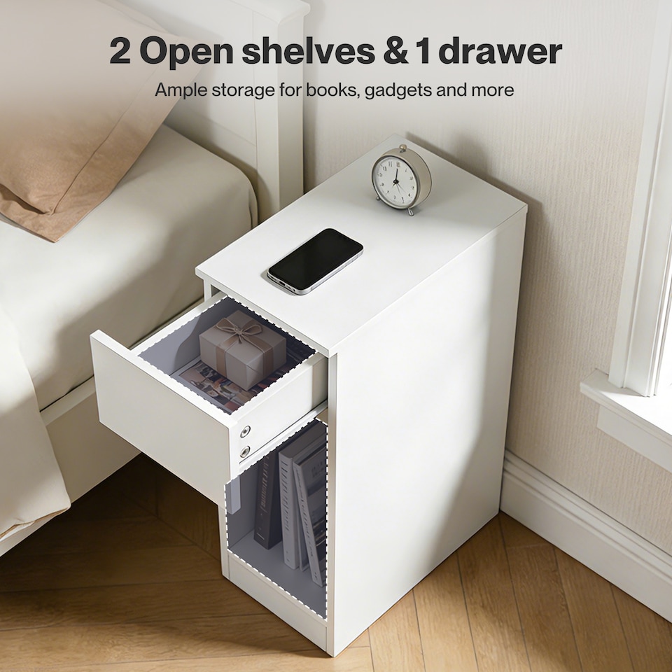 image 1 of Levede Bedside Table Cabinet  Narrow Slim Side Cabinet White Drawer Open Shelf