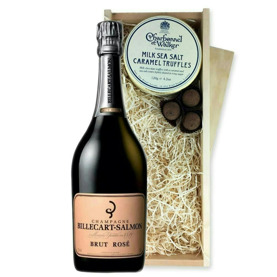 image 1 of Billecart Salmon Le Rose Champagne And Milk Sea Salt Charbonnel Chocolates Box 75cl 12% abv