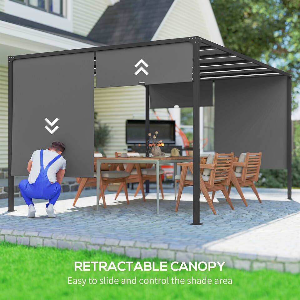 image 1 of Outsunny 3m x 4m Pergola with Solar LED Lights, Garden Gazebo with Sliding Roof, Steel Frame, Outdoor Sun Shade Shelter for Patio Balcony Porch, Dark Grey