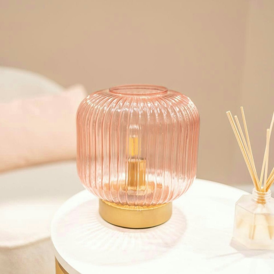 image 1 of ValueLights Monroe Clear Pink Ribbed Glass Table Lamp