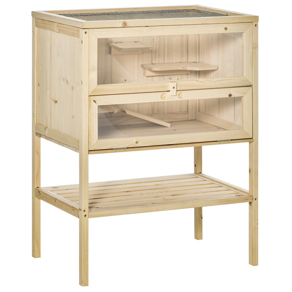 image 1 of PawHut Wooden Hamster Cage w/ Storage Shelf, Openable Top for Gerbils