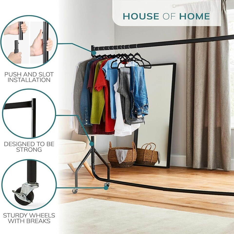 image 1 of Clothes Rail Superior Heavy Duty Metal With Wheels Rack 5FT Long x 5FT Tall Black | One Size