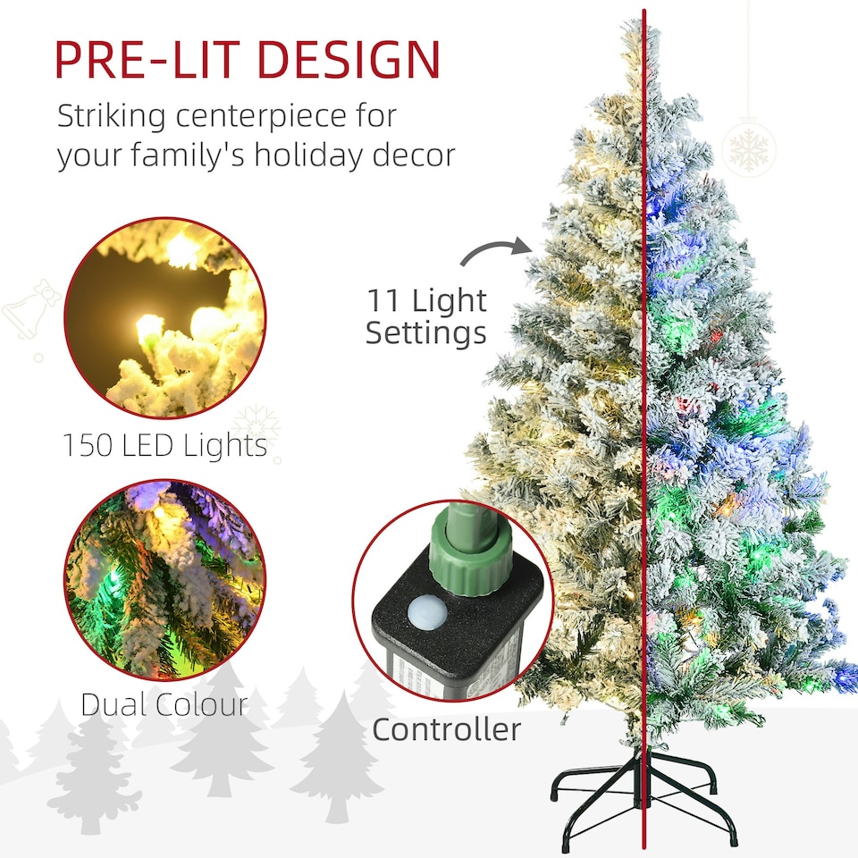 image 1 of HOMCOM 4.5ft Artificial Flocked Christmas Tree with LED Lights, Snow Branches