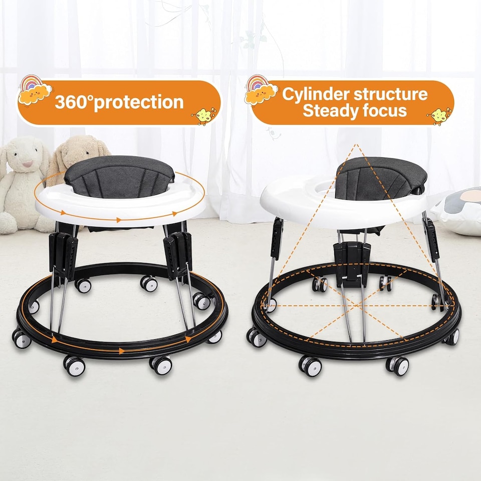 image 1 of Alivio Foldable Baby Walker with 9-Height Adjustment & 360° Safety (Black & White)