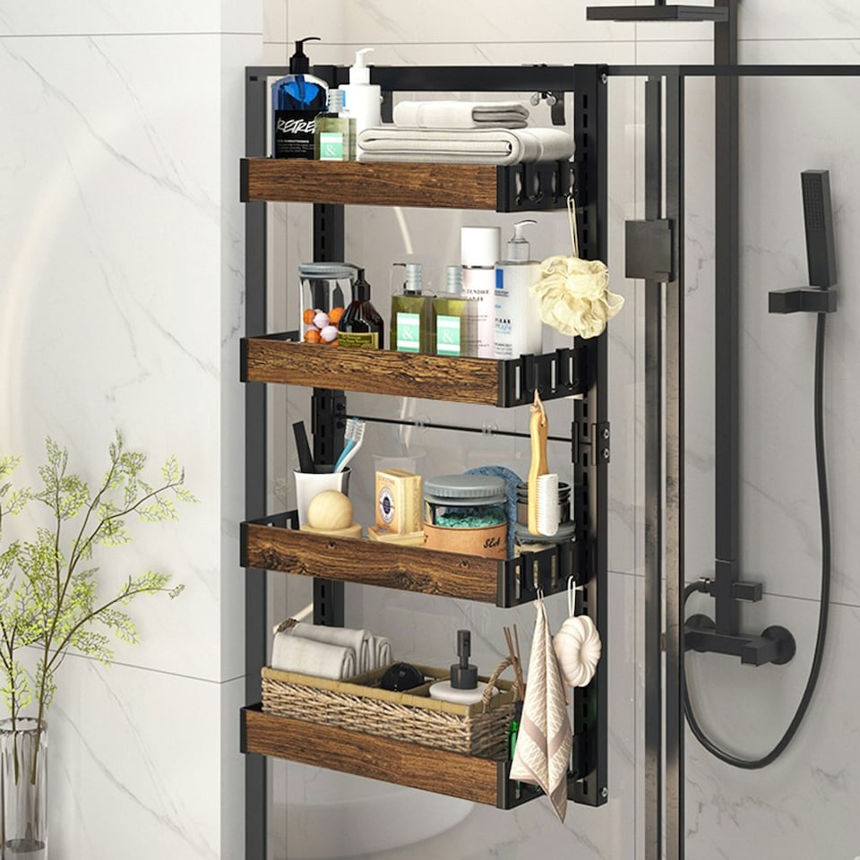 image 1 of Living and Home 4 Tier Over-the-Door Adjustable Shower Caddy Shelf,Brown