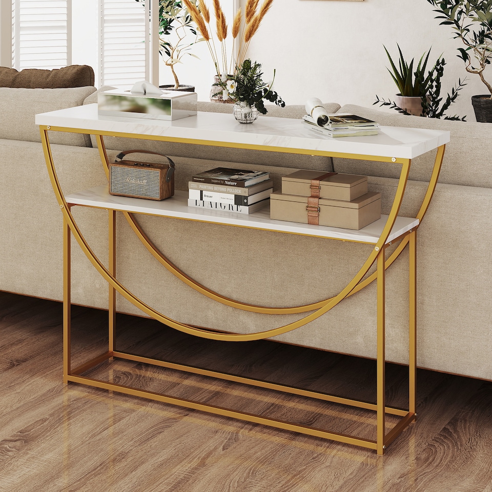 image 1 of COSTWAY 2-Tier Faux Marble Top Console Entryway Table White