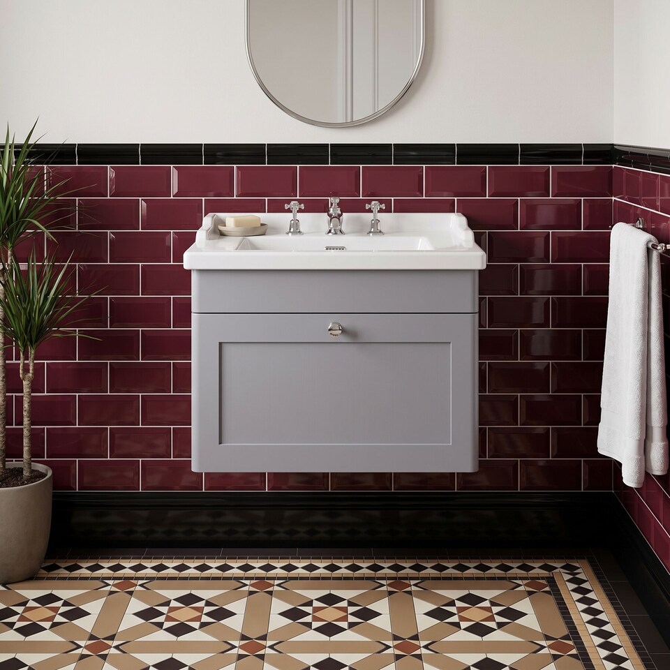 image 1 of Balterley Swynnerton Traditional 1 Drawer Wall Hung Vanity Unit with Basin, Satin Grey, 600mm