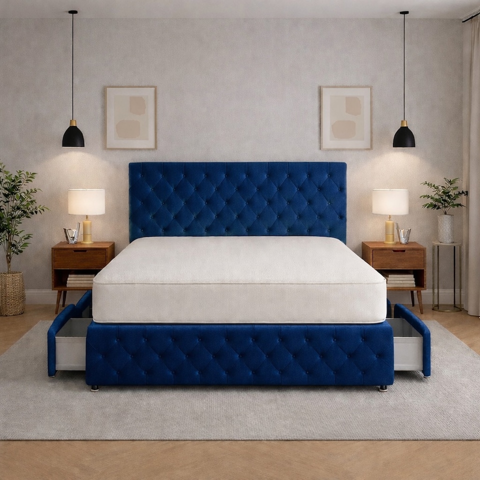image 1 of 3FT Single Blue Plush Velvet Divan Bed With Headboard & Footboard and Memory Sprung Mattress  2 Drawers Right Side Laying in Bed