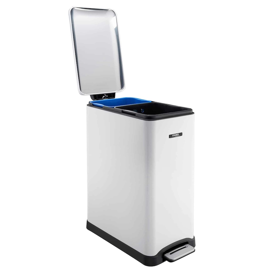 image 1 of Cooks Professional Dual Recycle Slimline Pedal Bin 50L | 20L & 30L Removable Compartments | White