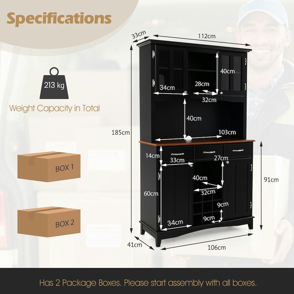 image 1 of COSTWAY Kitchen Cupboard with Adjustable Shelves and Drawers Black