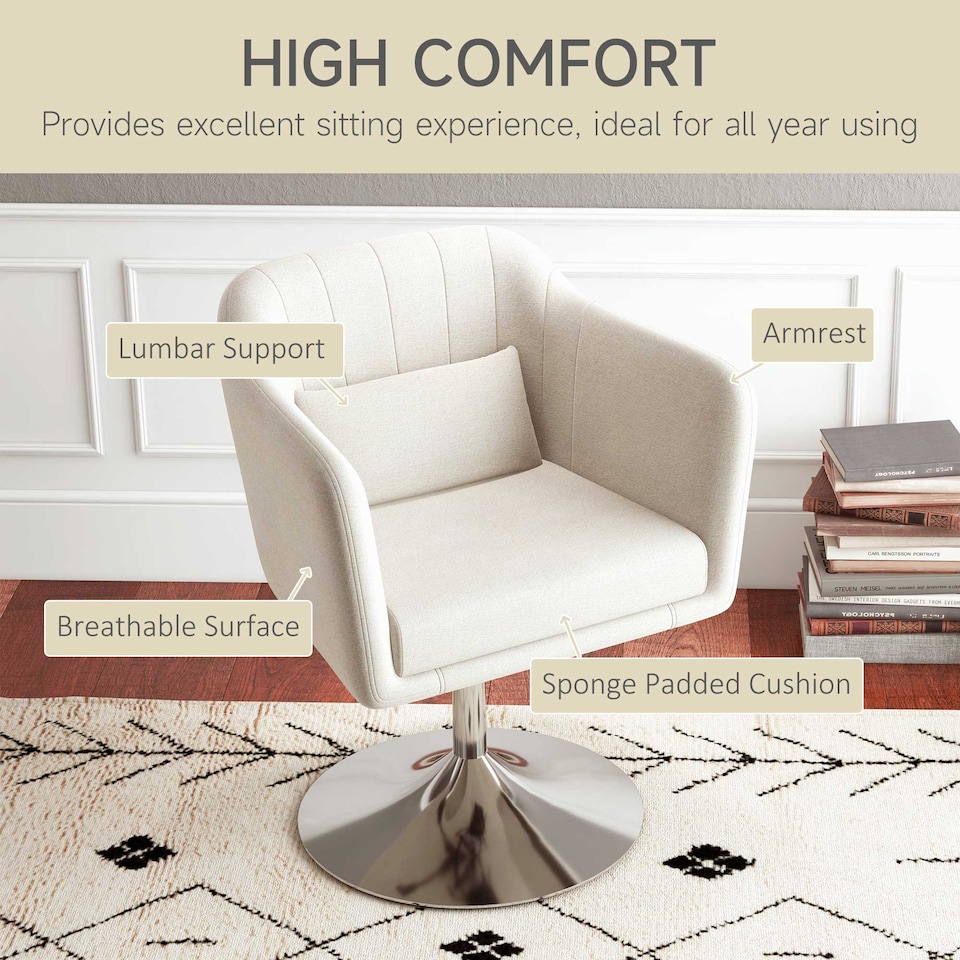 image 1 of HOMCOM Swivel Linen Fabric Accent Chair for Living Room Contemporary Vanity Armchair with Adjustable Height Thick Cushion Lumbar Support Armrest for Bedroom Office Cream White