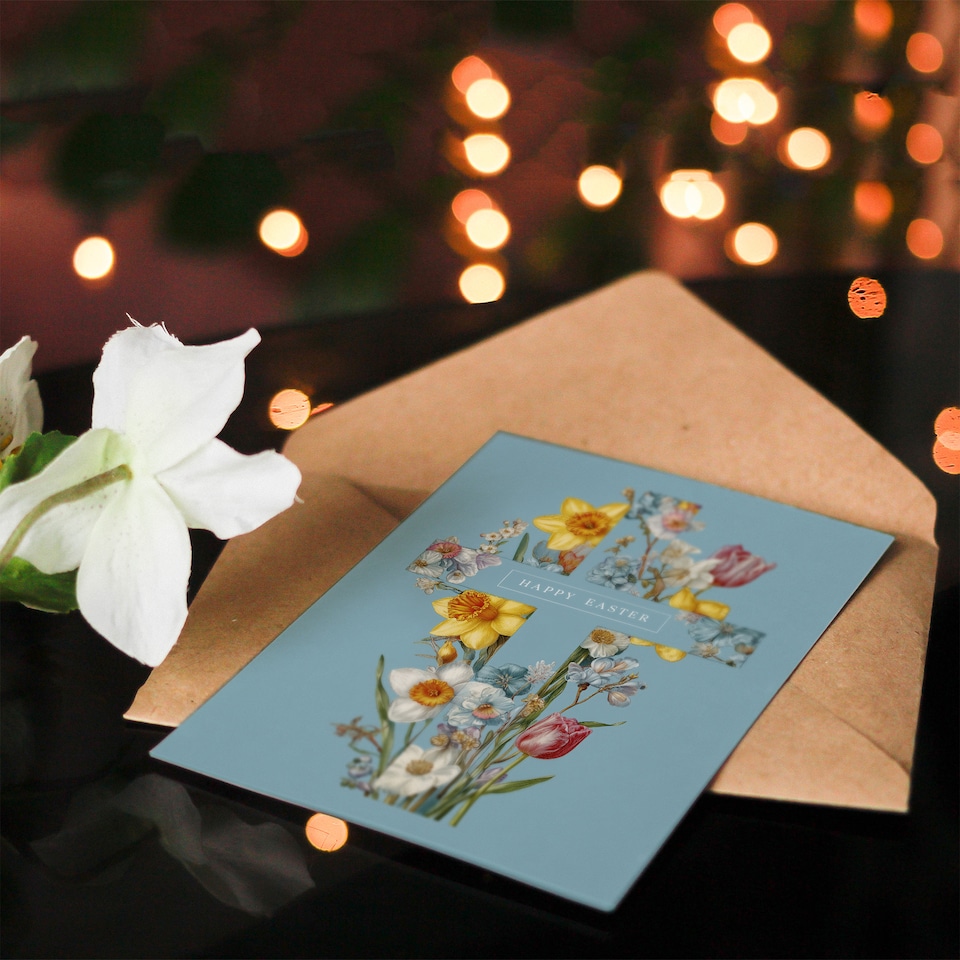 image 1 of Happy Easter Greeting Card - Christian Floral Cross, Blank Inside