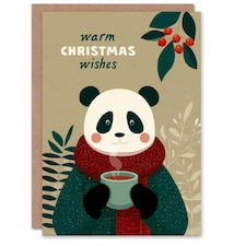 Christmas Card Cute Happy Panda With Hot Chocolate Cup