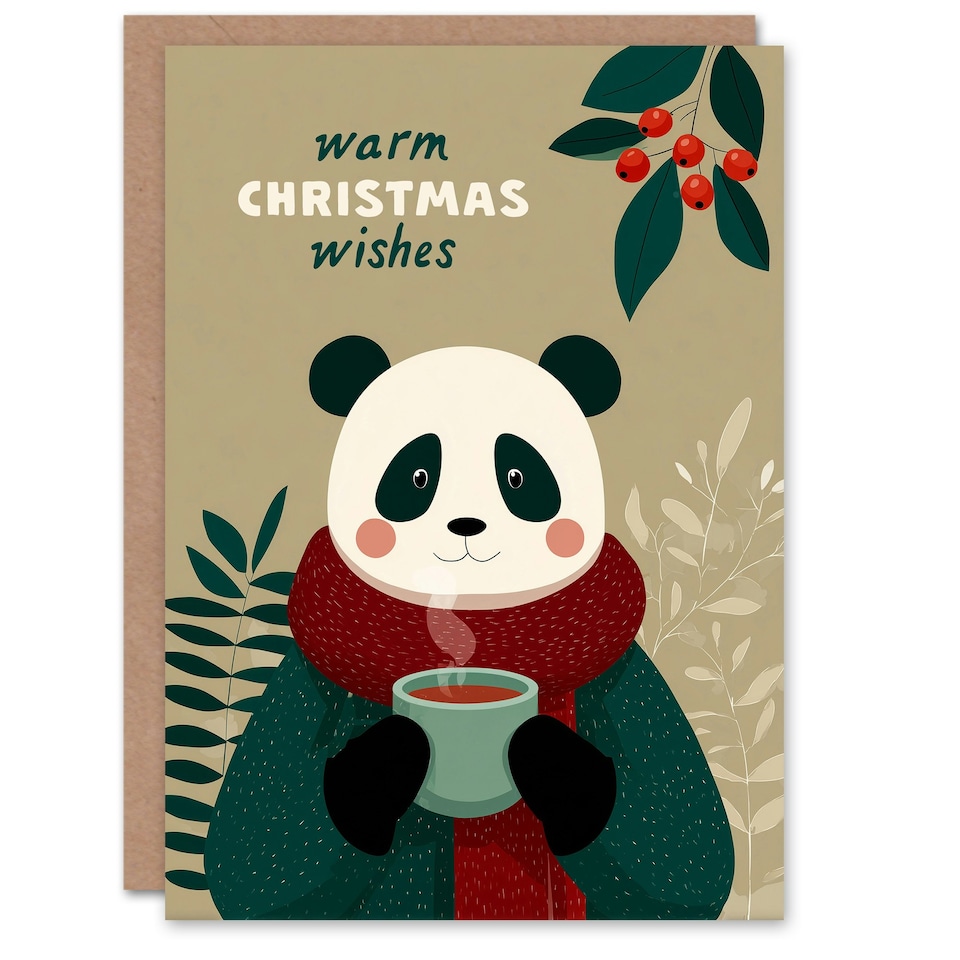 image 1 of Christmas Card Cute Happy Panda With Hot Chocolate Cup