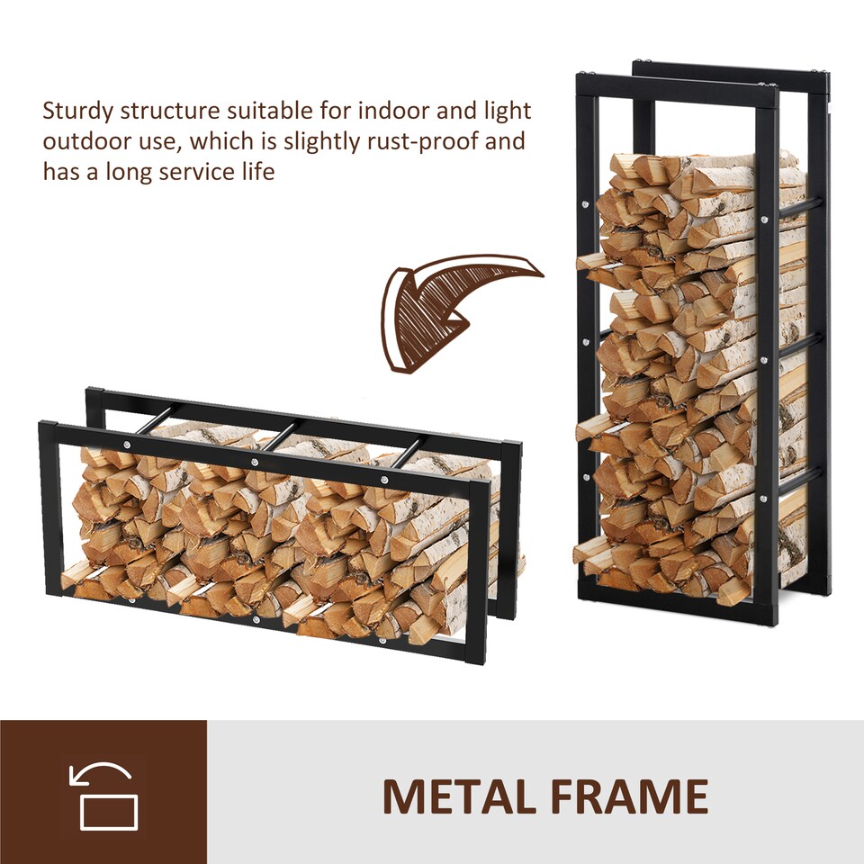 image 1 of HOMCOM Metal Firewood Log Holder Tall Firewood Rack Indoor Outdoor Fireplace Wood Storage Shelf with Side Rails, Rust-Resistant, Black, 40W x 25D x 100H cm