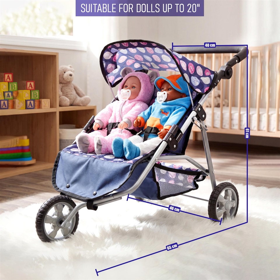 image 1 of BiBi Doll 3 Wheeler Twin Dolls Blue Pushchair Toy with Canopy & Basket For Up To 20" Dolls