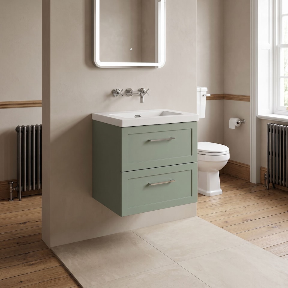 image 1 of Balterley Stonnall Traditional Wall Hung 2 Drawers Vanity Unit with 0 Tap Hole Fireclay Basin, 600mm, Reed Green