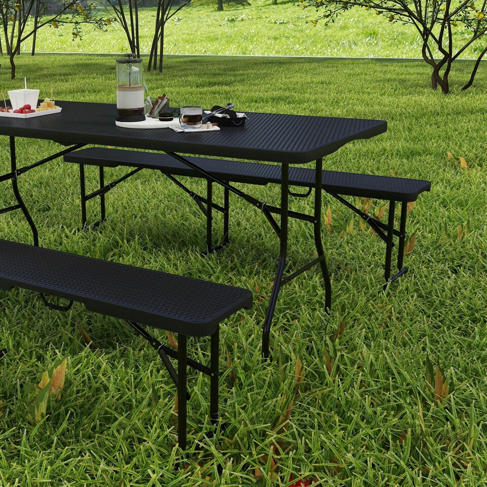 image 1 of Outsunny Rattan Effect Folding Picnic Table and Bench Set w/ Handles, Black