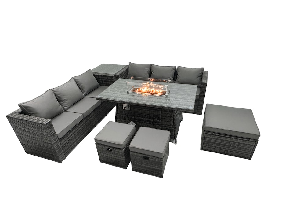 image 1 of Fimous Rattan Garden Furniture Firepit Dining Set 9 Seater Lounge Sofa Table Set with Side Table 3 Footstool