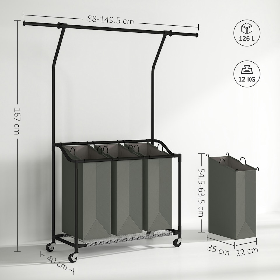 image 1 of HOMCOM 126L Laundry Sorter, Laundry Basket with 3-Bag Organiser, Dark Grey 