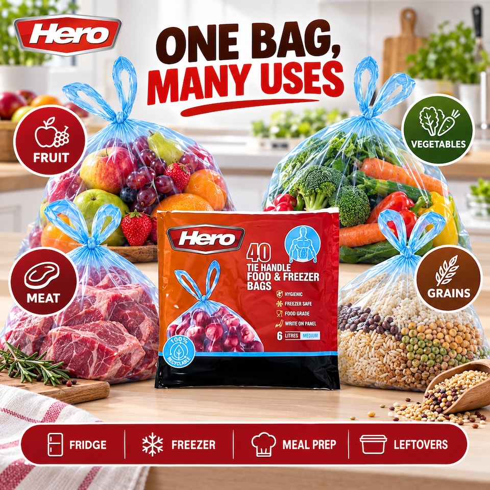 image 1 of Hero Tie Handle Food Storage Bags 6L Pack of 40 Reusable BPA Free Freezer & Sandwich Bags with Airtight Seal for Fruits, Vegetables, Meat and Grains