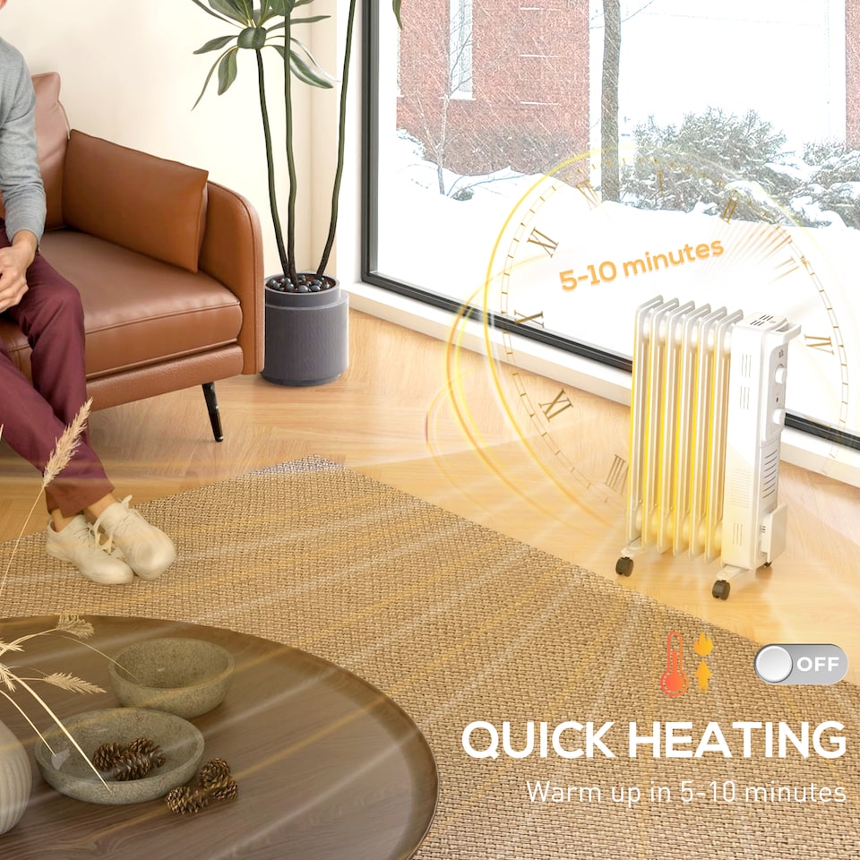 image 1 of HOMCOM 1500W Quiet Oil Filled Radiator, 7 Fin Energy Efficient Portable Electric Heater with 3 Heat Settings, Adjustable Thermostat, Safety Tip Over, Overheat Protection, for Home, White