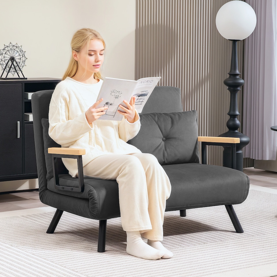 image 1 of HOMCOM 2 Seater Sofa Bed, Click Clack Convertible Bed Settee, Modern Velvet Feel Fabric Sofa Couch with 2 Tufted Cushions, Wood Armrests for Living Room, Bedroom, Guest Room, Dark Grey | Grey | grey | One Size