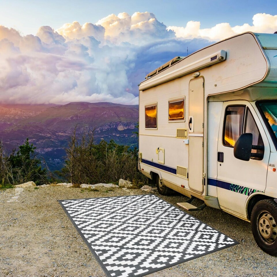 image 1 of Marco Paul Grey Aztec Outdoor Rug 180x120cm Black | white | 180 x 120cm