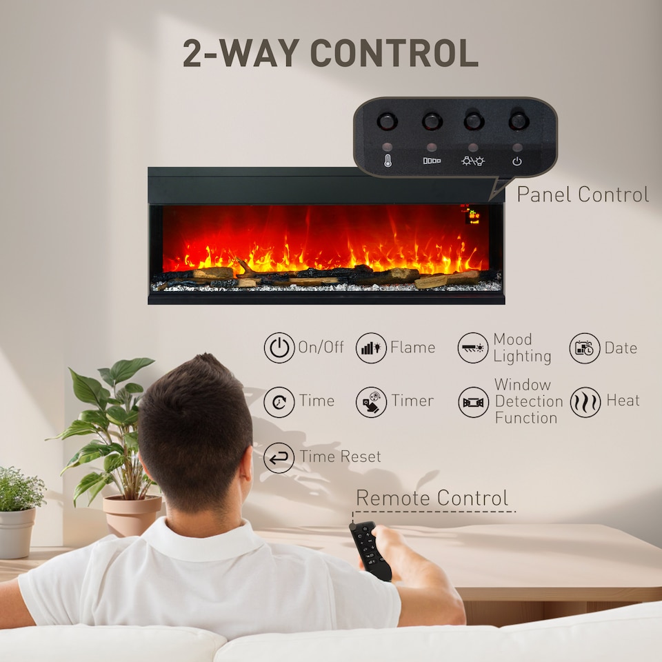 image 1 of HOMCOM 50127cm 3-Sided Electric Fireplace Wall Mounted, Recessed, Insert, Freestanding, Glass Electric Fire with 7 Adjustable LED Flame Effect, Log, Crystal, Remote Control, 1800W, Black