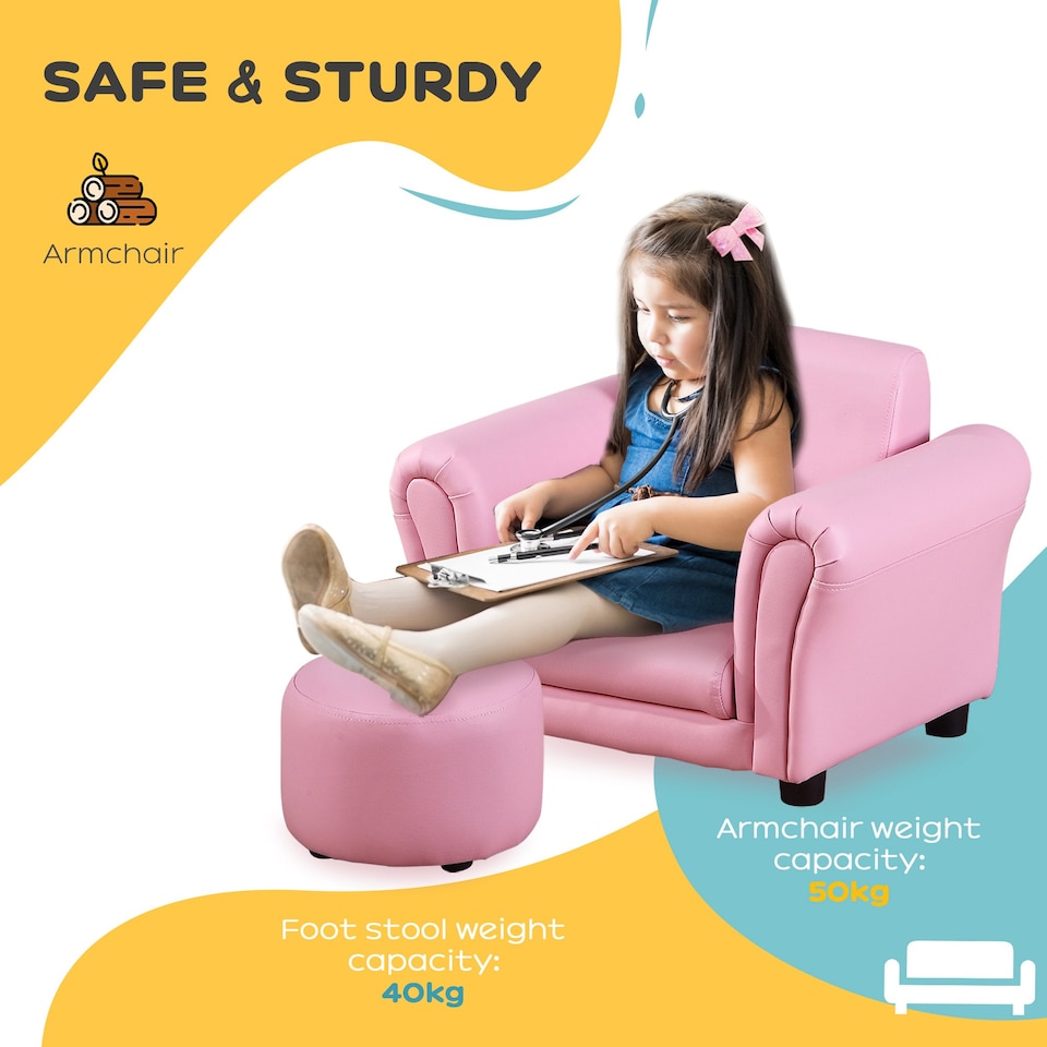 image 1 of HOMCOM Kids Sofa Set Toddler Chair Children Couch Seating Armchair w Footstool | Pink | One Size