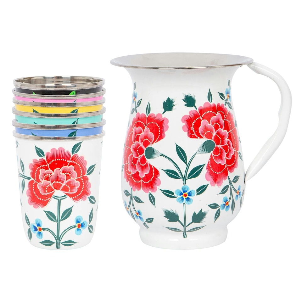 image 1 of BillyCan Hand-Painted Picnic Water Jug with 300ml Multicolour Cups - 1.7L - Cotton Peony