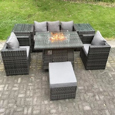 Fimous 6 Seater Outdoor PE Rattan Garden Furniture Set Gas Fire Pit Dining Table Gas Heater Burner With 2 Armchairs 2 Side Tables Big Footstool Dark Grey Mixed