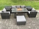 image 1 of Fimous 6 Seater Outdoor PE Rattan Garden Furniture Set Gas Fire Pit Dining Table Gas Heater Burner With 2 Armchairs 2 Side Tables Big Footstool Dark Grey Mixed