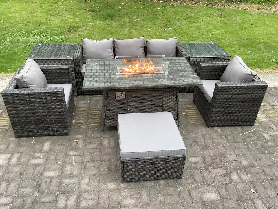 image 1 of Fimous 6 Seater Outdoor PE Rattan Garden Furniture Set Gas Fire Pit Dining Table Gas Heater Burner With 2 Armchairs 2 Side Tables Big Footstool Dark Grey Mixed