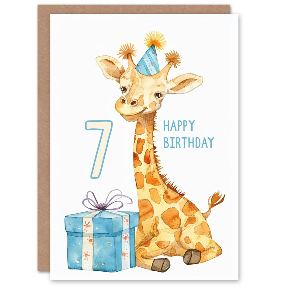 image 1 of Cute Party Hat Cartoon Fun Age 7 Year Old Child Kids 7th Birthday Card