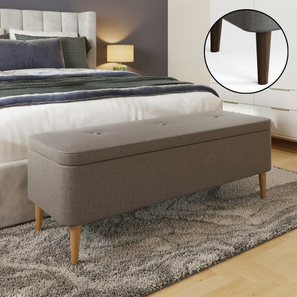 image 1 of Grey Linen Ottoman Storage Bench With Solid Wooden Legs Grey