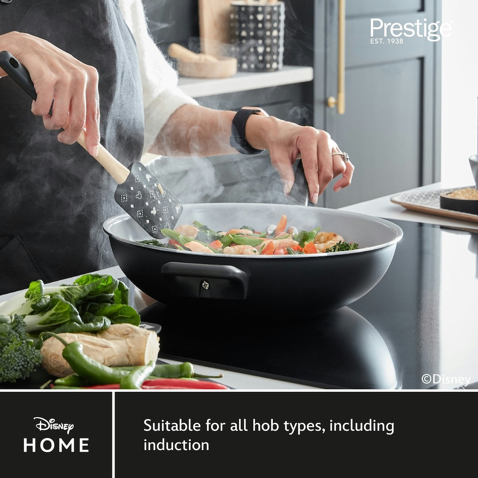 image 1 of Prestige Disney Monochrome Mickey Mouse: Ceramic Non-Stick Wok & Helper Handle - 30cm
