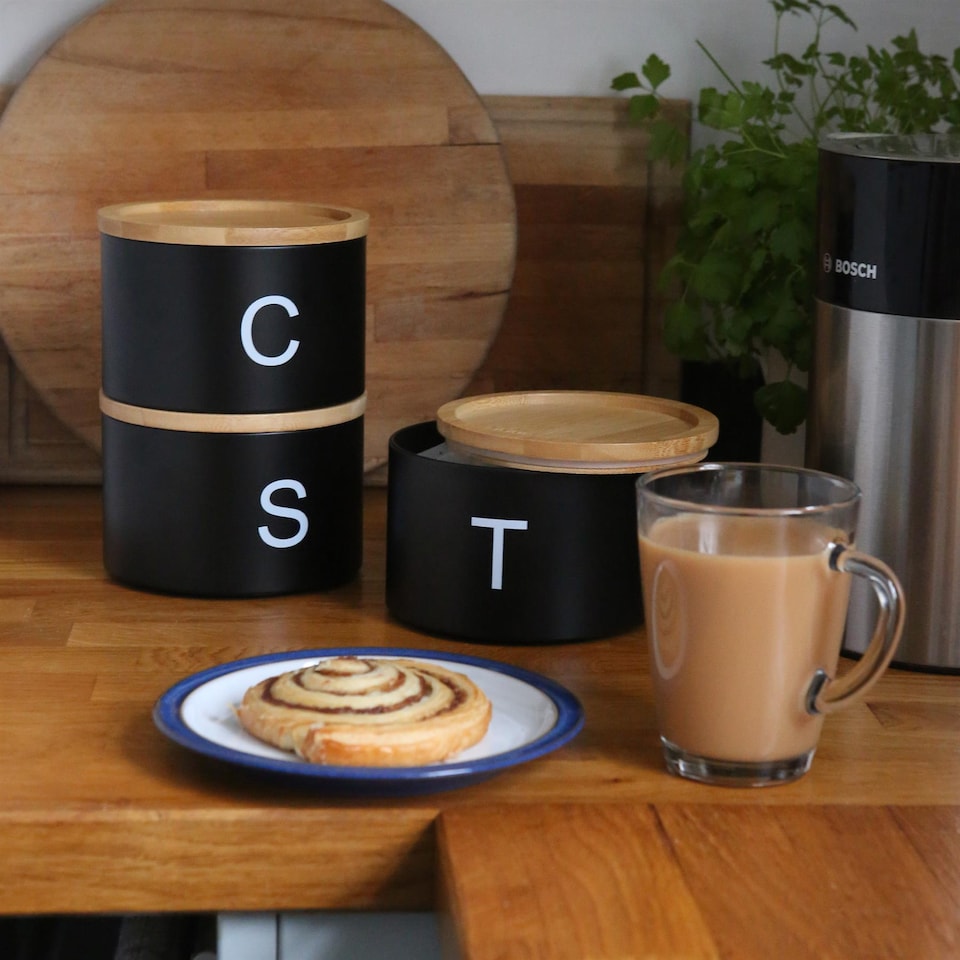 image 1 of Harbour Housewares 3pc Stacking Tea Coffee Sugar Canister Set with Bamboo Lids - Black