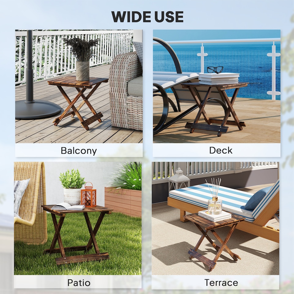 image 1 of Outsunny Wooden Folding Garden Table, Folding Side Table | Brown | Carbonised finish | 43 x 40 x 40 cm