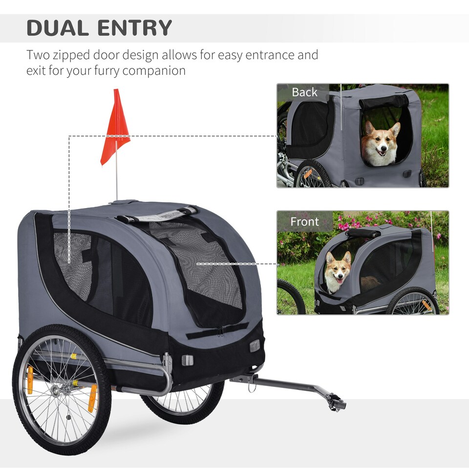 image 1 of PawHut Pet Bicycle Trailer Steel Dog Bike Carrier Water Resistant Travel Grey