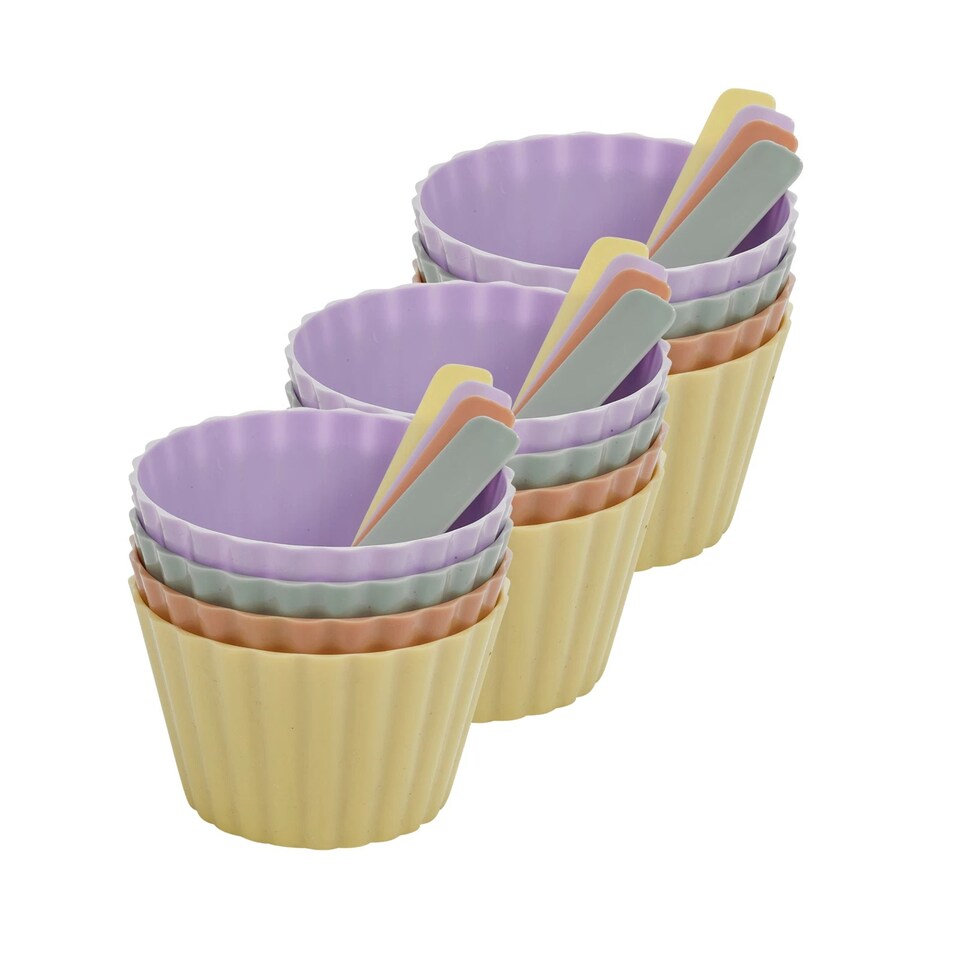 image 1 of 8pc Ice Cream Bowl & Spoon Set Party 4 Bowls & Spoons Dessert Cups Garden Summer | Multi | Multicoloured | 3 Sets ( 24 Pcs)