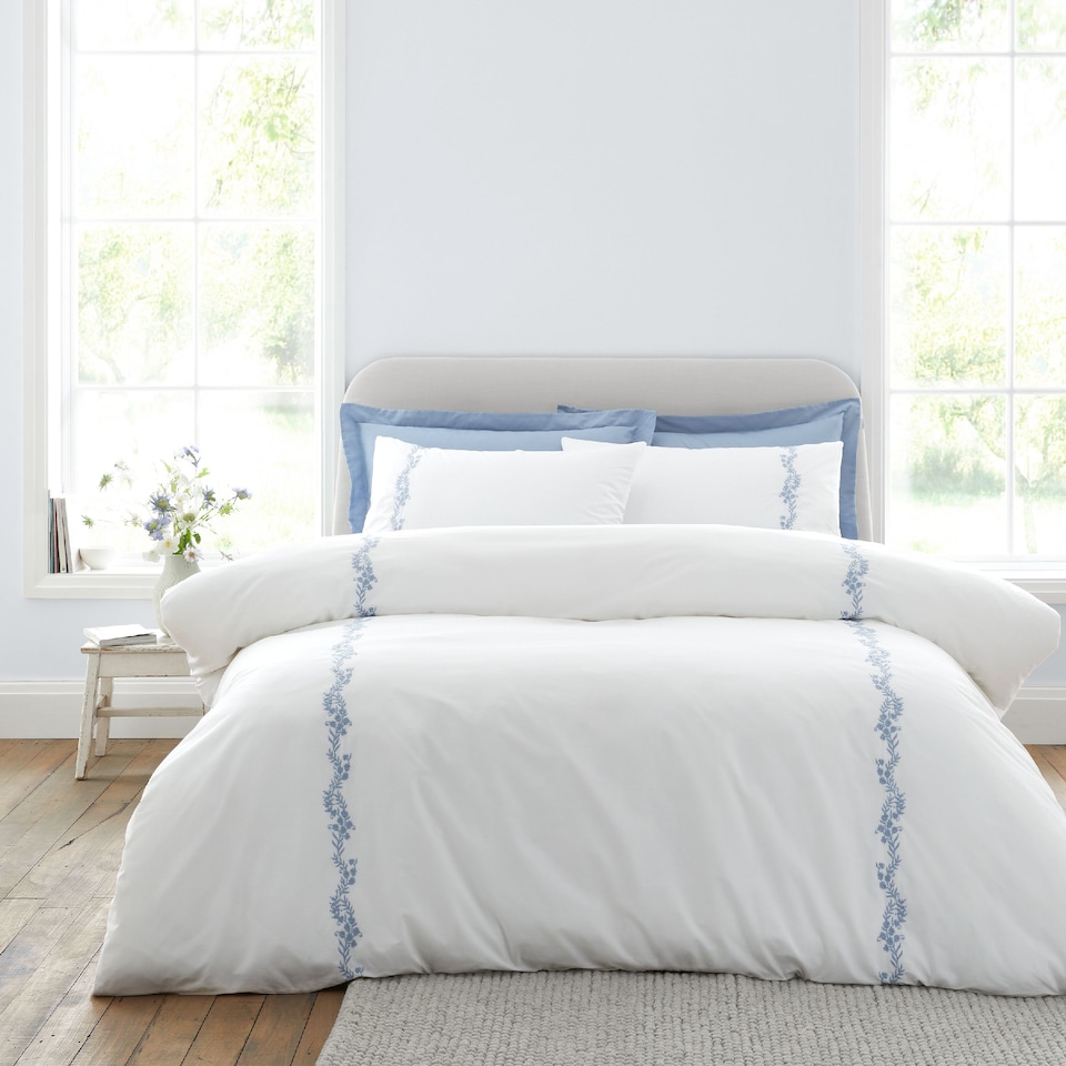 image 1 of Bianca Camille Embroidered Floral 200 Thread Count Cotton Duvet Cover Set | Blue | White / Blue | Single