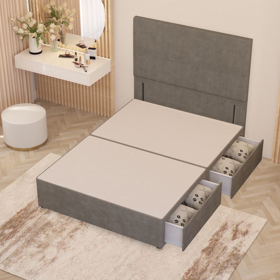image 1 of Divan Bed Base with 2 Drawers & Plain Floor Standing Headboard Plush Velvet | Silver | Silver